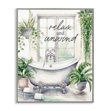 Imagem de Stupell Industries Relax Unwind Bath & Folhagem Arte Giclée emoldurada branca, design por Lettered and Lined, 20 x 16