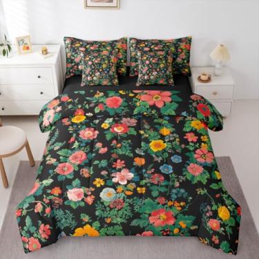 Imagem de Feelyou Conjunto de edredom de flores com 7 peças, Queen, fofo, floral, para crianças, meninos, meninas, preto, botânico, decoração de quarto, microfibra leve e macia