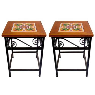 Imagem de Kit 2 Bancos de Ferro e Madeira Rústico com Ladrilho Hidráulico - Esti