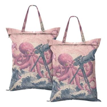 Imagem de Sacos de lavanderia de viagem, 2 peças, saco seco e molhado com alça organizador de roupas sujas para maiô, praia, acampamento, impermeável, lavável, retrô, polvo, telescópio, rosa