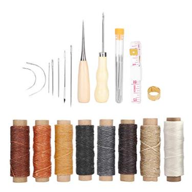 Imagem de Kit de costura de couro Ferramentas de reparo manual premium Conjunto de artesanato DIY com agulhas Linha de depilação Dedal Anel Fita métrica Dedal perfurador para entusiastas e