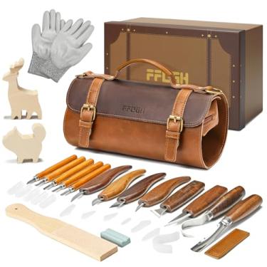 Imagem de FFOGH Kit De Ferramentas Para Entalhe Em Madeira Com 20 Peças - Conjunto De Facas De Entalhe Com Blocos De Entalhe Em Madeira De Animais Para Iniciantes, Ferramentas Para Marcenaria, Presentes Para