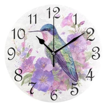 Imagem de ttyzxcd Relógio de parede de pássaro floral operado por bateria silencioso sem tique-taque primavera beija-flor relógios redondos para sala de estar quarto relógio de parede decorativo