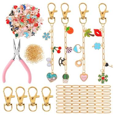 Imagem de Kit de fabricação de chaveiros de ouro com 286 peças, kit de berloques fofos, incluindo alicate de joias, 120 berloques, 20 clipes para chaveiro, 120 anéis de salto, 25 extensores para artesanato e