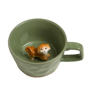 Imagem de DIHOclub Caneca de café de cerâmica Farmhouse com estatueta de animal – Copo de grés rústico, acabamento fosco, ideal para café da manhã e decoração de casa (verde (Cão))