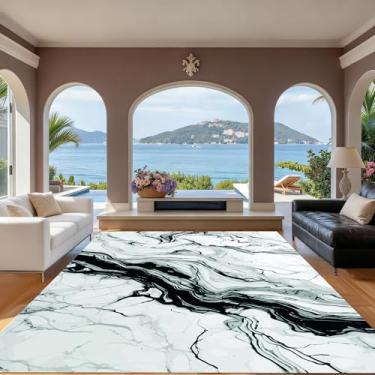Imagem de Tapete grande abstrato moderno com textura de mármore preto branco e azul para sala de estar, quarto, sala de jantar, tapete de lã felpudo ultramacio 12,5 x 17,8 cm, sem queda, estetica, casa