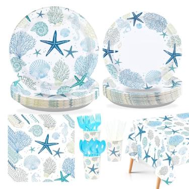 Imagem de 170 peças de decoração de festa coral oceano natal pratos sob o mar guardanapos toalhas de mesa descartáveis costeira estrela do mar conjunto de utensílios de mesa para cozinha verão praia churrasco