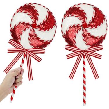 Imagem de 2 peças de enfeites enormes de lantejoulas de veludo, hortelã-pimenta, sprays, glitter, pirulito, doces, palitos de fita listrada, laços de fita para enchimento de árvore de Natal, grinalda