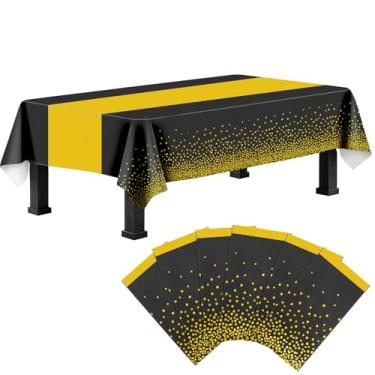 Imagem de Ammbeetty Toalha de mesa descartável retangular, pacote com 6 panos de mesa de plástico preto descartáveis com corredor de mesa dourado para decoração de festa de aniversário de aposentadoria