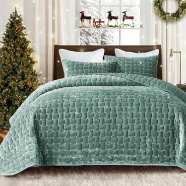 Imagem de Grassix Conjunto de cama queen de veludo, edredom de veludo leve para todas as estações, colcha geométrica respirável com 2 fronhas, presente de inauguração de casa