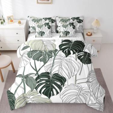 Imagem de Erosebridal Conjunto de edredom queen com folha de palmeira, Monstera, 7 peças, ramo de folhas tropicais, com lençol havaiano, hippie, botânico, em uma bolsa, decoração de quarto