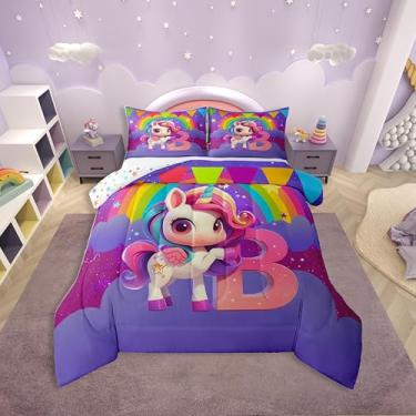 Imagem de Erosebridal Conjunto de edredom para meninas, solteiro, letra B, arco-íris, unicórnio, monograma, desenho animado, galáxia, estrelas, fantasia, decoração de quarto infantil, reversível, roxo