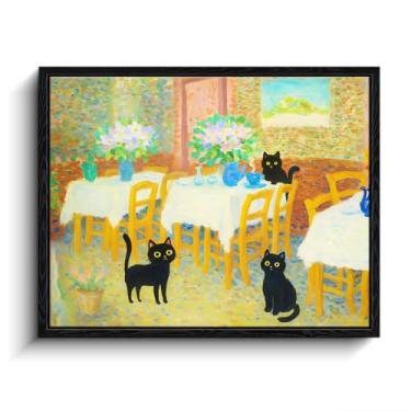 Imagem de Arte emoldurada de gato preto, arte de parede engraçada de gato preto - Arte inspirada em Bonnard de três gatos em café colorido, arte de parede eclética, pôsteres para quarto, sala de estar, banheiro