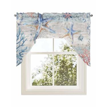 Imagem de Cortinas curtas de cozinha de estrelas do mar para janela, bolso de haste, azul, náutico, praia, curta, 91 cm de comprimento, enfeite de verão oceano swag topper coral concha pequena tratamento de
