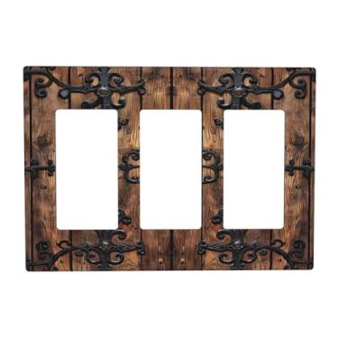Imagem de BHGAHD Capas de tomada decorativas com porta de celeiro de madeira marrom vintage com design de ferragens de bronze antigo, placa de parede de 3 gangs, capa de interruptor de luz tripla para decoração