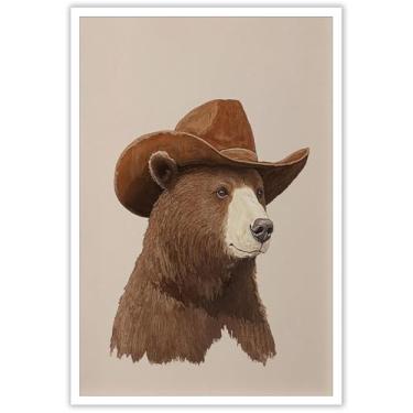 Imagem de Vintage Funny Brown Bear Cowboy Posters Retro Cute Animals Using Cowboy Hats Canvas Wall Art Minimalista Estética Impressão Pintura Para Casa Quarto Dormitório Decoração de Parede 30 x 40 cm Sem