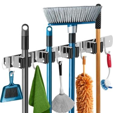 Imagem de Suporte de Parede Porta Vassouras e Rodo em Aço Inoxidável 304 Organizador com 3 Suportes e 4 Ganchos Capacidade 5kg Fixação com Parafusos ou Adesivo 3M