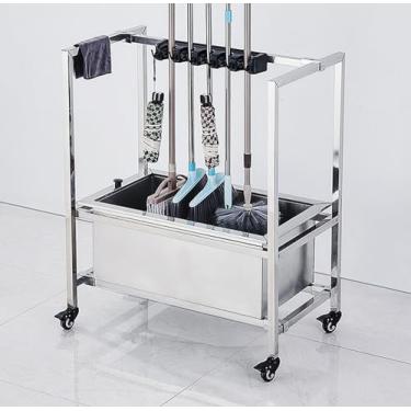 Imagem de Suporte móvel para esfregão de chão, suporte de esfregão para vassoura, ferramentas de limpeza, aço inoxidável, com ranhuras e ganchos, design de roda de 360° (80,5 cm 5 reboque 6 ganchos)