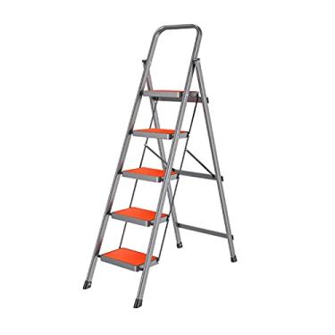 Imagem de Escadas dobráveis de metal prateado escada de 5 degraus com aderência de metal e pedal largo antiderrapante escadas leves fáceis de transportar para adultos e mulheres escada resistente (cor: laranja
