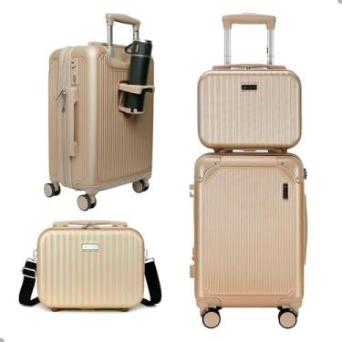 Imagem de Kit Conjunto Mala e Frasqueira Necessaire de Bordo para Viagem 10Kg, Rodinha Dupla 360°, Cadeado TSA, Rígida, Expansiva e Reforçada, Ideal para Avião (Champagne)