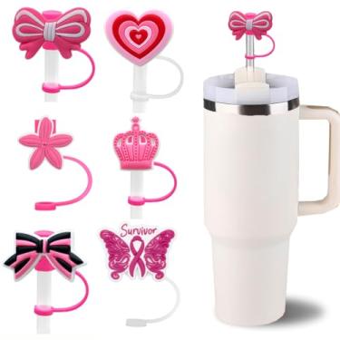Imagem de 6 peças de topo de palha de dia dos namorados para copo Stanley novo boné de cobertura de laço de coração rosa 1,134 g/850,5 g, tampas de cobertura de palha de silicone 3D para canudos de 10 mm