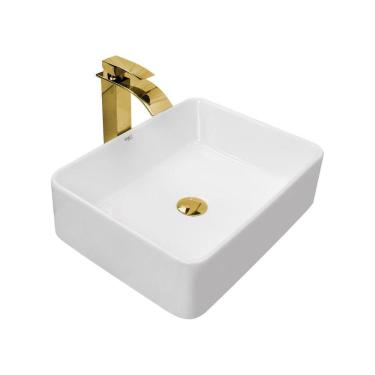 Imagem de Kit Cuba Pia Louça Cerâmica Banheiro C/Torn e Vál Dourada 20