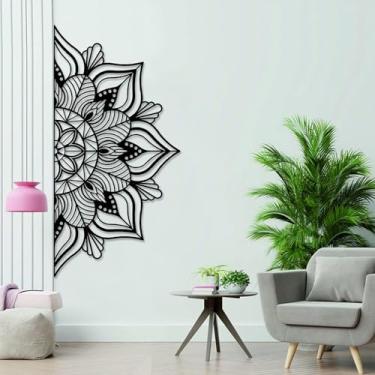 Imagem de Resama Decoração de parede mandala de metal grande, arte de parede exclusiva de flor de lótus, adequada para decoração interna e externa de escritório e casa (preto, 114 x 57,5 cm)