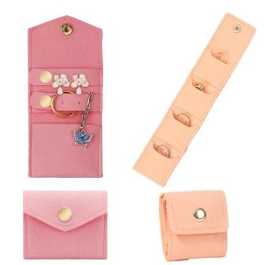 Imagem de 2 peças mini bolsa de joias de viagem com fecho de pressão, estojo organizador de joias compacto e dobrável para anéis, colares, brincos, pulseiras – leve, bolsa de armazenamento de joias forrada de