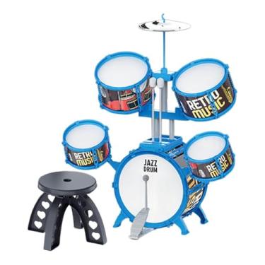 Imagem de Luwecf Bateria para crianças iniciantes, instrumento de percussão infantil de iluminação musical em PVC com baquetas e banquinho para apresentações em palco, Borda Azul