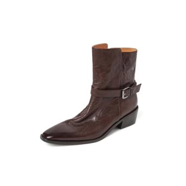 Imagem de TinaCus Bota Chelsea feminina de couro legítimo, feita à mão, bico quadrado, salto empilhado, moderno, com fivela, Marrom, 35