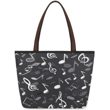 Imagem de Sacola grande feminina com estampa de notas musicais, bolsas de pano de trabalho pretas com zíper, reutilizáveis, bolsas de mão casuais, viagens, trabalho, férias, praia, compras, academia, presentes