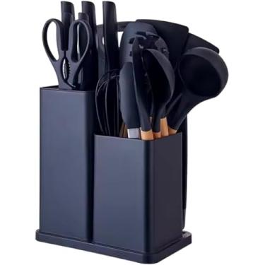 Imagem de Kit Utensílios de Cozinha 19 Peças Silicone com Cabo de Madeira + Facas e Tábua – Completo e Resistente (PRETO)