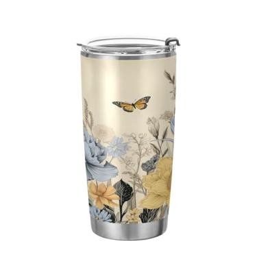 Imagem de xigua Copo de flores silvestres de jardim aquarela com tampa de palha, caneca de viagem a vácuo de parede dupla, caneca de café bem isolada, copo de aço inoxidável para bebidas quentes e frias, 600 ml