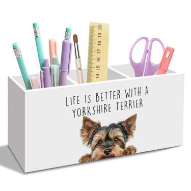 Imagem de nvucamd Yorkshire Terrier Gift Dog Pen Pencil Holder para mesa, presente engraçado Yorkie Dog Acessórios de mesa de escritório, Life Is Better com um organizador de canetas Yorkshire Terrier para