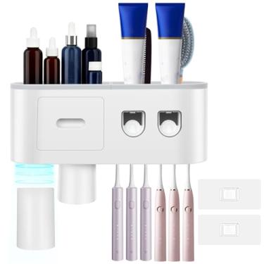 Imagem de Suportes de escova de dentes montados na parede, organizador de escova de dentes 2/3 xícaras com dispensadores automáticos de pasta de dente organizador de gaveta de cosméticos para casa (cinza, 2