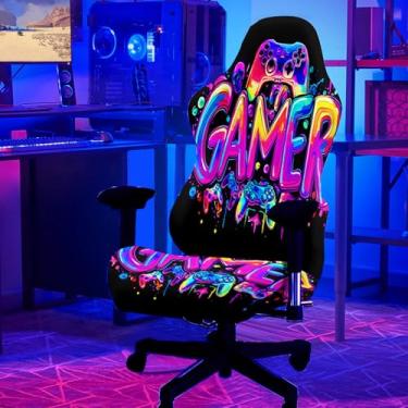 Imagem de SparkLia Capa para cadeira de jogos Blacklight – Protetor de cadeira de esportes UV reativo com design de controle de jogo neon, capa elástica lavável para cadeiras de escritório e jogos