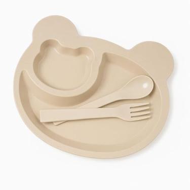 Imagem de Kit Introdução Alimentar Bebê 3 Peças em Fibra de Trigo Prato Ursinho com Colher e Garfo Antiderrapante (BEGE)