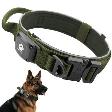 Imagem de IP68 à prova d'água para coleira AirTag, alça de controle confortável tática militar e fivela de metal e reflexiva, coleira GPS para cães Apple Air Tag, de médio a grande porte (verde militar/M)