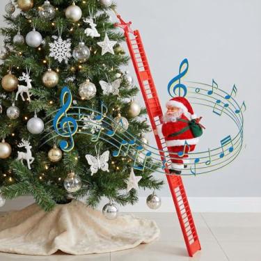 Imagem de Papai Noel de escalada elétrica na escada, boneco musical de Papai Noel em movimento para cima e para baixo, enfeites de árvore de Natal para decoração de Papai Noel de pelúcia