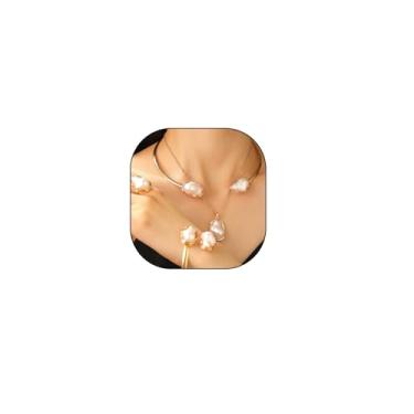 Imagem de GIGB PBDK Conjunto de joias de pérolas barrocas banhadas a ouro/prata para mulheres, colar de colar de pérola branca vulcânica em camadas, presente de acessórios de dama de honra de casamento para dia