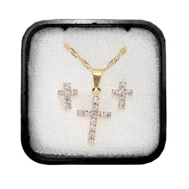 Imagem de Conjunto Colar e Brincos com Cruz Strass Folheado - SJO Artigos Religi