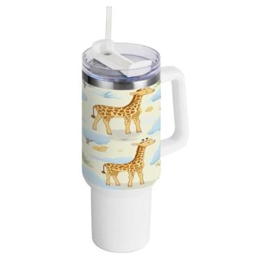 Imagem de Kigai Copo de 1,134 g com tampa e canudo, girafas Baby à prova de vazamento durável copo isolado de aço inoxidável com alça, garrafas de água à prova de derramamento para viagens