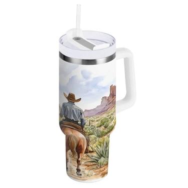Imagem de STAYTOP Copo de caubói norte-americano de 850 g com tampa e canudo, copo isolado de aço inoxidável durável à prova de vazamento com alça, garrafas de água à prova de derramamento para viagens