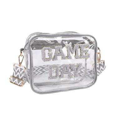 Imagem de Bolsa transparente para eventos de estádio - GAME DAY Letter Patch Bolsa transversal (23 cm × 17 cm × 6 cm) com alça ajustável - Estádio, bolsa de PVC transparente aprovada para shows para homens e
