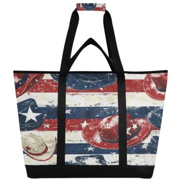Imagem de Qilmy Chapéu de cowboy estilo bandeira americana grande bolsa térmica térmica, sacos de supermercado reutilizáveis de cozinha, à prova de vazamento, lancheira portátil à prova de vazamento, sacola