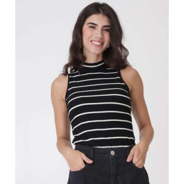 Imagem de Blusa Feminina Canelada Listrada Gola Alta Marisa-49116, PP, Preto