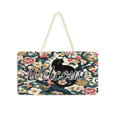 Imagem de Burbuja Placa de boas-vindas de gato preto com flores para porta da frente, placa de boas-vindas de PVC para decoração de férias de casa de fazenda, 15 x 28 cm
