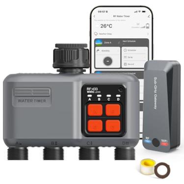 Imagem de Temporizador de irrigação WiFi de 4 zonas com entrada RF de 984 pés, temporizador de água inteligente de 4 saídas para mangueira de jardim com atraso de chuva/manual/automático, temporizadores de
