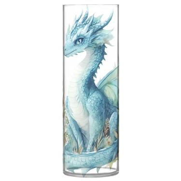 Imagem de Burbuja Vaso cilíndrico de plástico com folhagem de dragão azul e verde, vaso transparente redondo alto não quebrável para decoração de casa, escritório, buquê de casamento, 10 x 30 cm