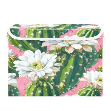 Imagem de CEBUGI Caixotes de armazenamento com tampas, caixa de armazenamento de tecido dobrável, caixas organizadoras de cubo de flores de cacto para prateleiras de quarto de armário de casa 40 x 30 x 39 cm